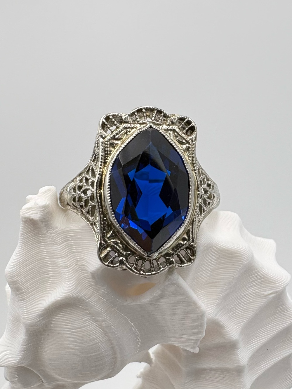 1920’s Art Deco 14k White Gold Deep Blue Crystal Stone Posey Engagement Ring 5.5